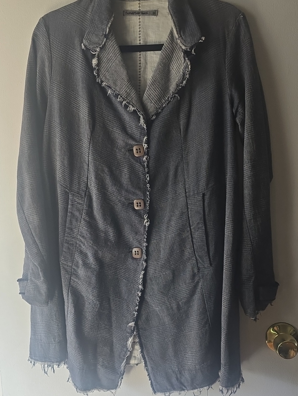 Frayed-Trim Gray Plaid Button Coat